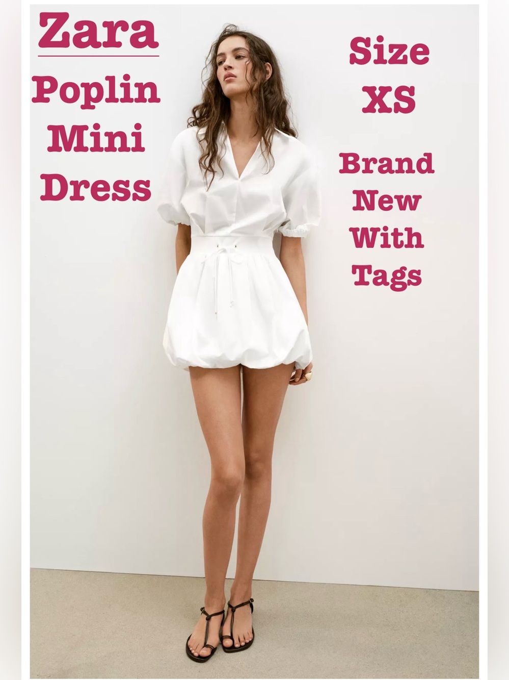 Zara White Poplin Mini Dress with Puff‎ Sleeves